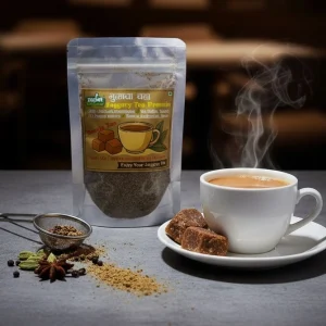 Masala jaggery tea powder premix made with natural jaggery and Indian spices for healthy masala chai