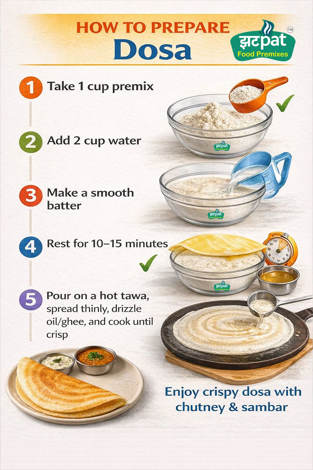 Step by step instructions showing how to prepare dosa using instant dosa premix with batter mixing and cooking on tawa