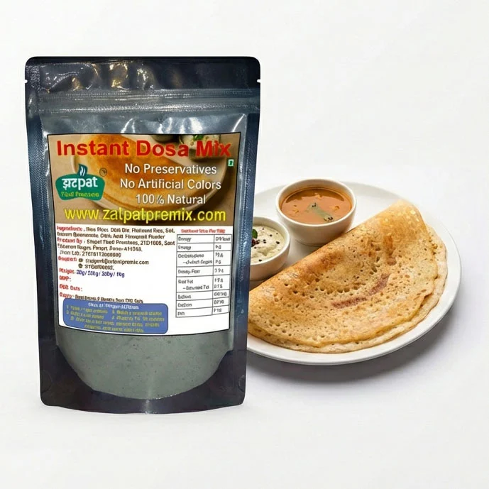 Instant dosa premix pouch with crispy dosa served with coconut chutney and sambar