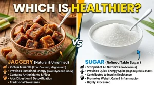 Jaggery vs sugar comparison showing health benefits and differences