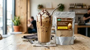 Creamy instant cold coffee topped with whipped cream made using premix