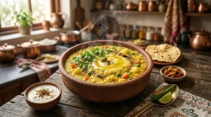 Healthy Indian Khichdi served in a bowl with ghee, papad, pickle and curd