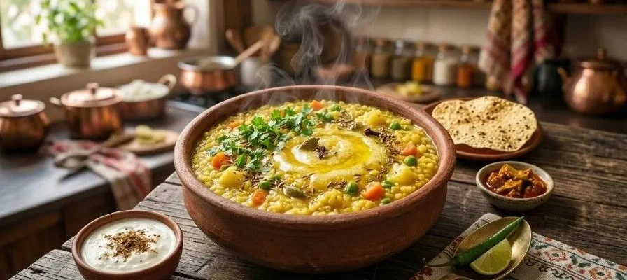 Healthy Indian Khichdi served in a bowl with ghee, papad, pickle and curd